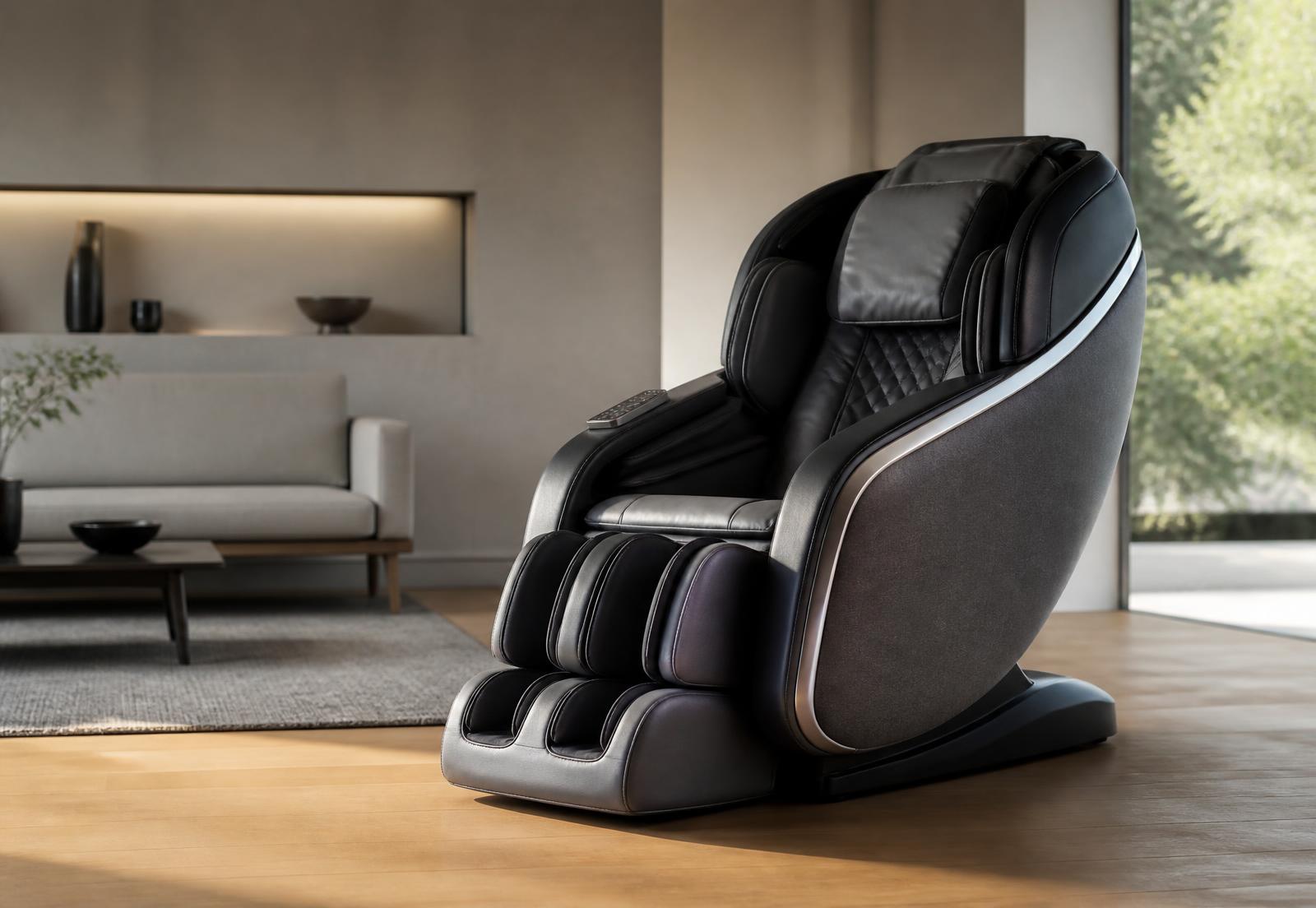 A modern massage chair reclined in a bright, minimally furnished living room